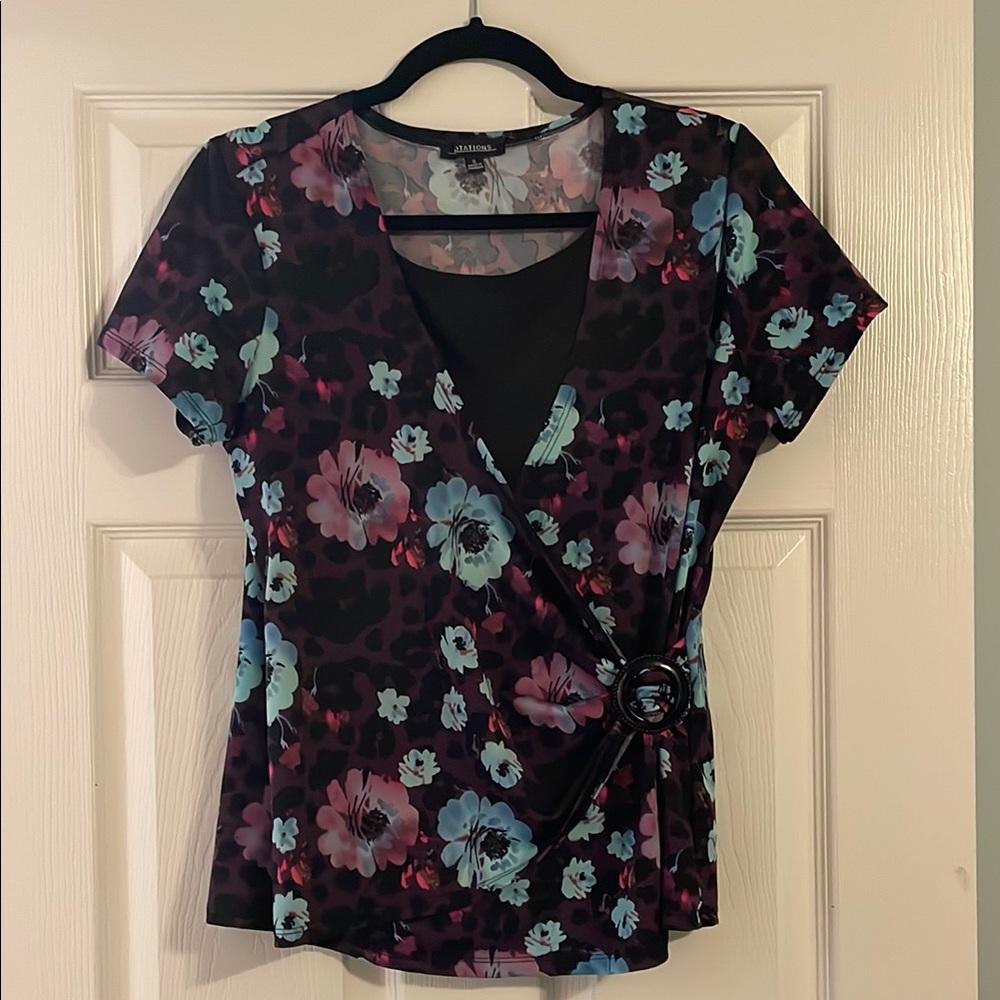 Notations Small Black and Blue Floral Wrap Blouse